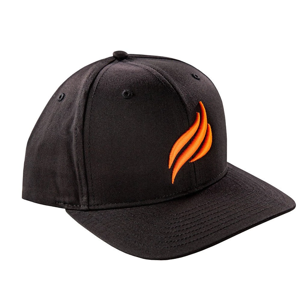 3037 Snapback Hat - Black With Flame (embroidered Puff - Orange), Size MD-LG